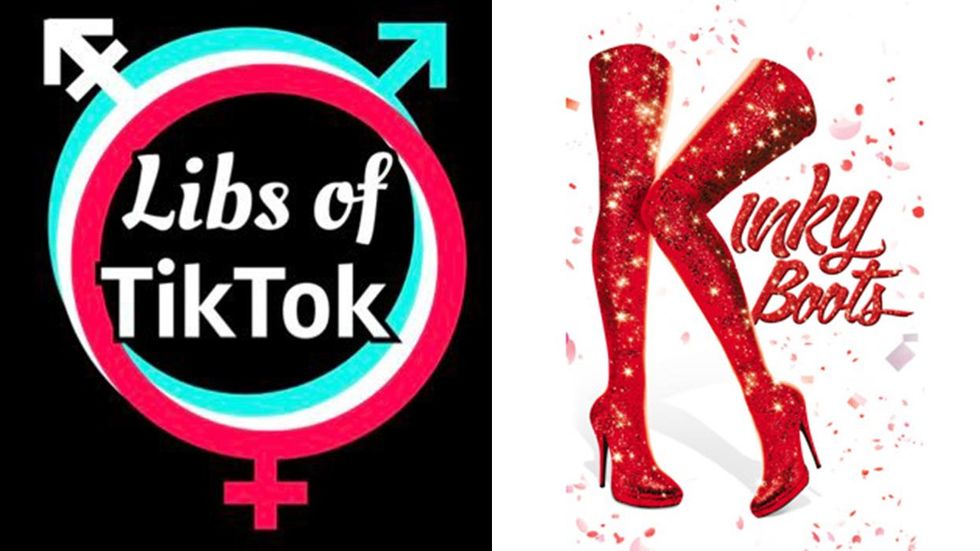 Libs of TikTok logo next to an image of sparkly ruby-red high-heeled boots making the "K" in the title "Kinky Boots"