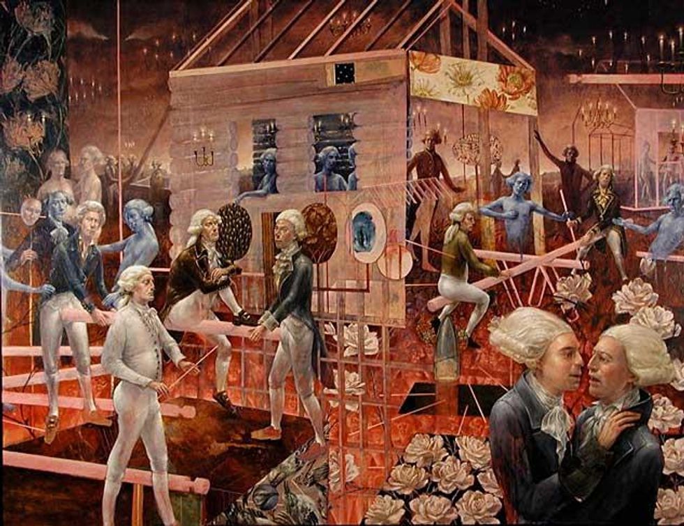 Log-cabin-pink-chandelirium-37-x-48-oil-on-paper-on-woodx633