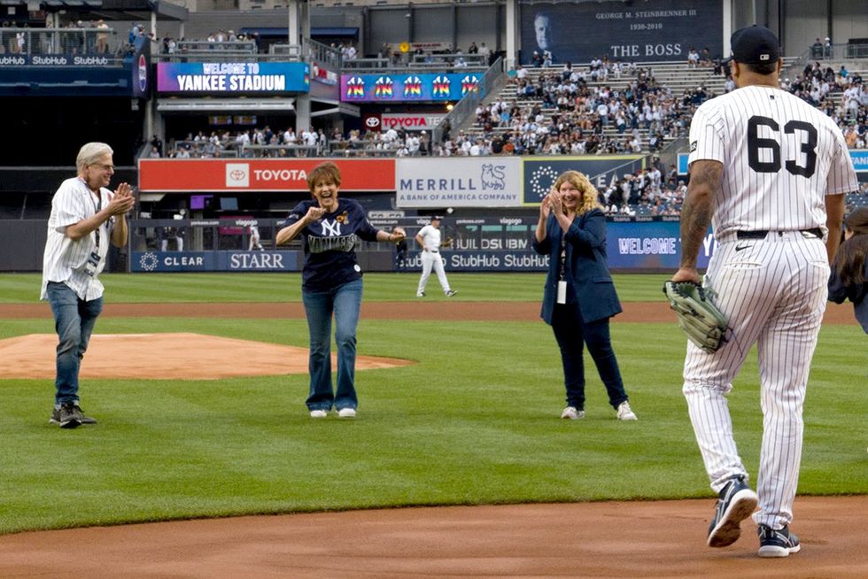 Lorna Luft throwing out first pitch at Yankee Stadium June 2025