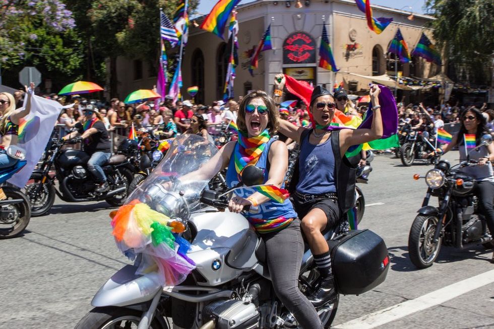 Los Angeles Pride Parade 2019 with women celebrating on motorcycles\u200b