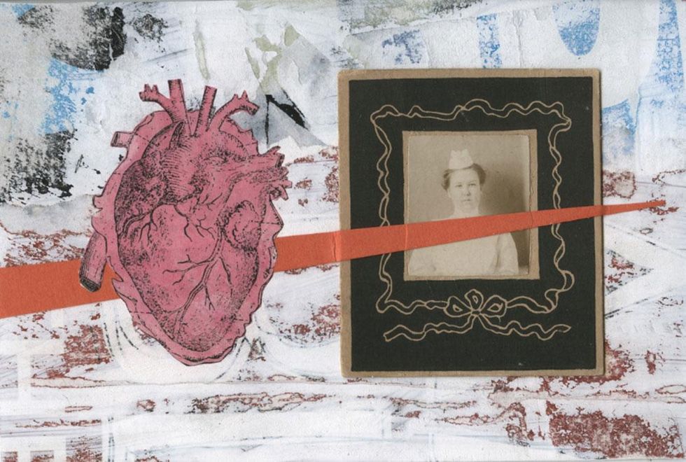 "Love Hurts," recycled poster, gesso, collage, vintage picture on paper