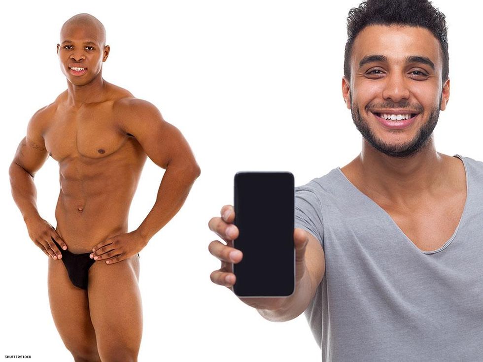 man in bathing suit next to man holding out his cellphone