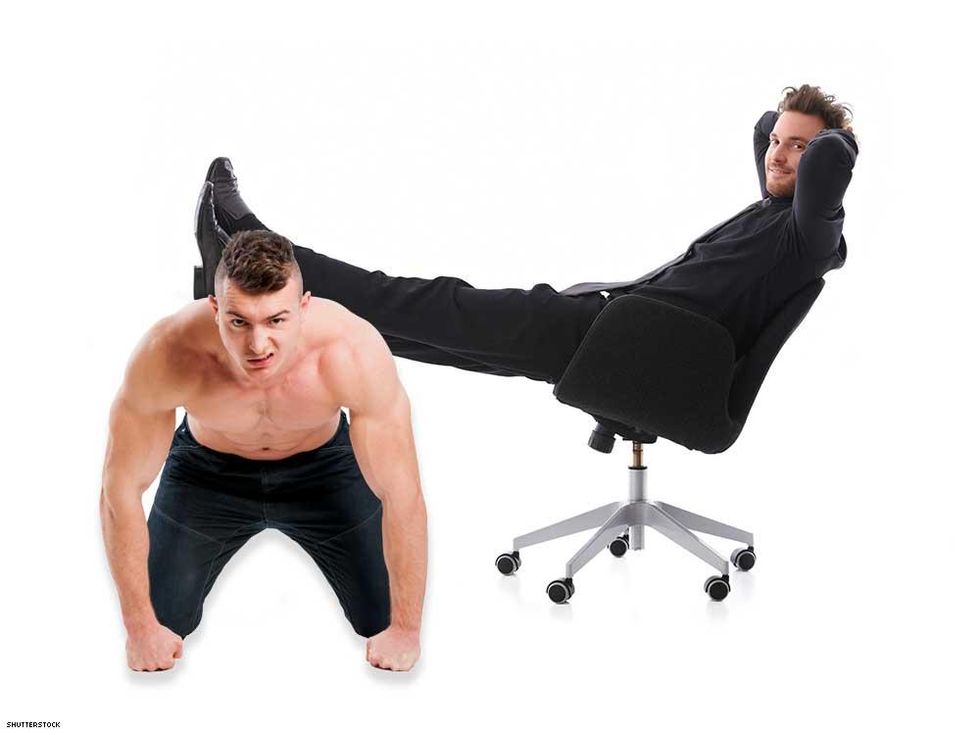 man in ground doing pushup boss in chair with feet up on his back