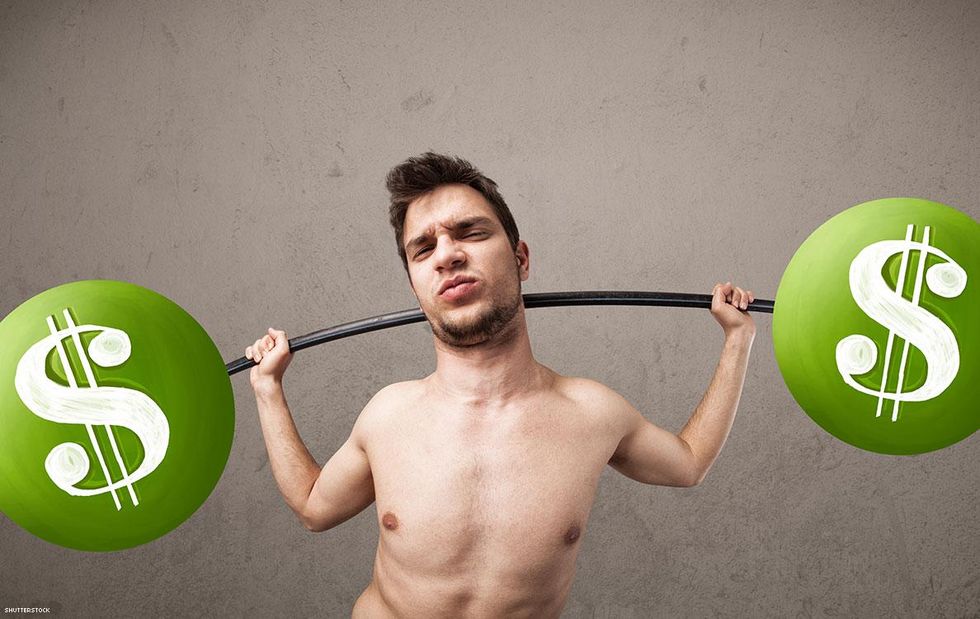 man lifting dumbelll with money signs on it