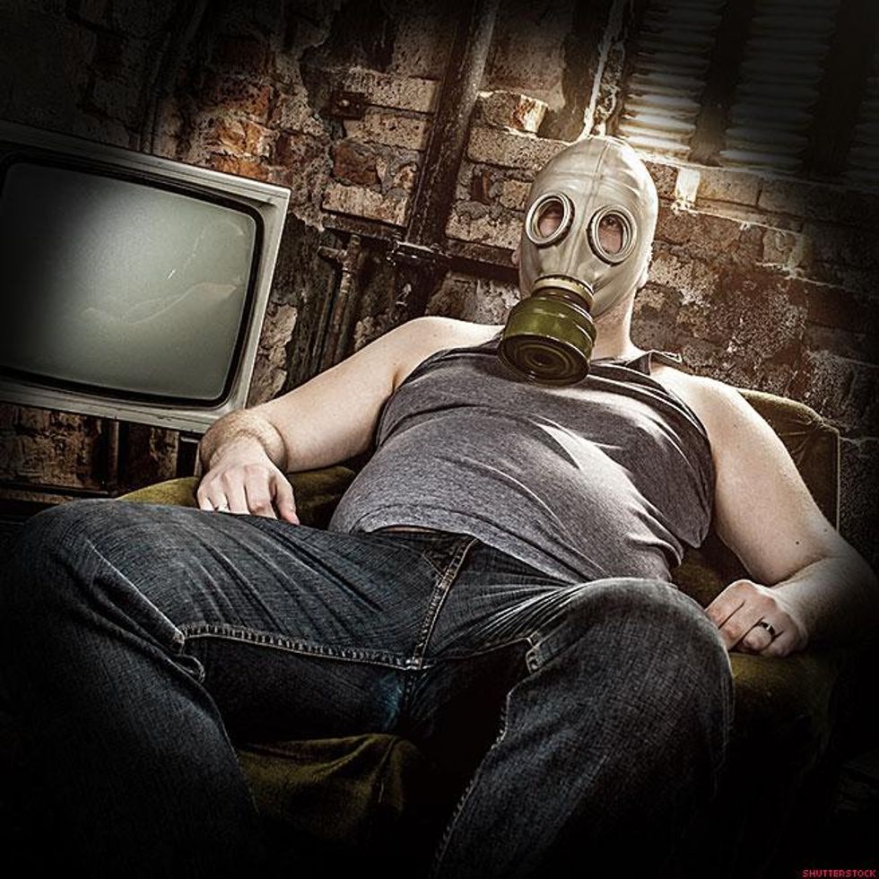 man wearing gas mask