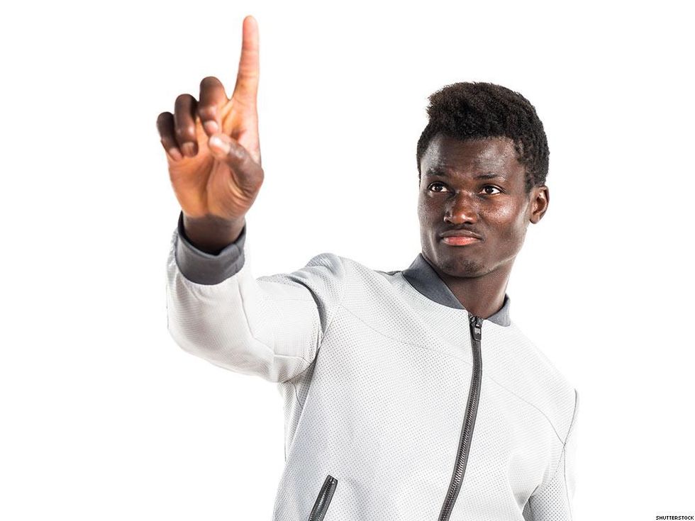 man with finger pointing up