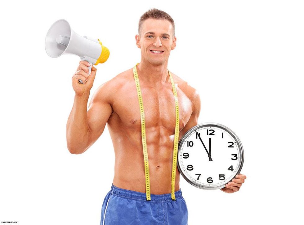 man with megaphone and clock