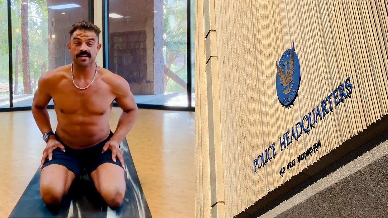 Marcus Freiberger giving yoga instructions alongside Phoenix Arizona police headquarters building