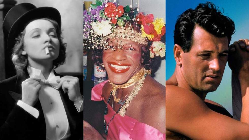 Marlene Dietrich in the 1930 film Morocco, as seen in the 1996 documentary ​The Celluloid Closet​; Marsha P. Johnson as seen in the 2017 documentary The Death and Life of Marsha P. Johnson; Rock Hudson as seen in the 2023 documentary ​Rock Hudson: All That Heaven Allowed​