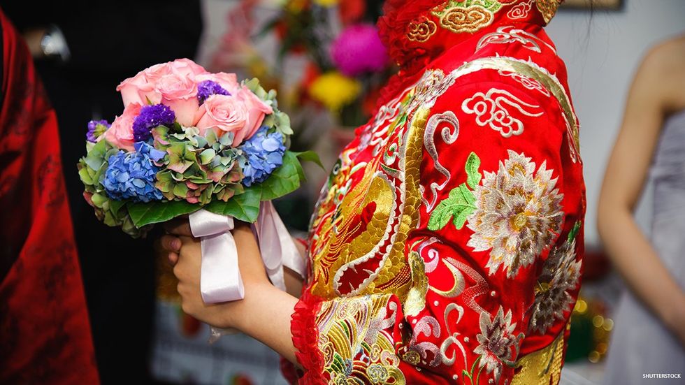 Marriage ceremony with bouquet