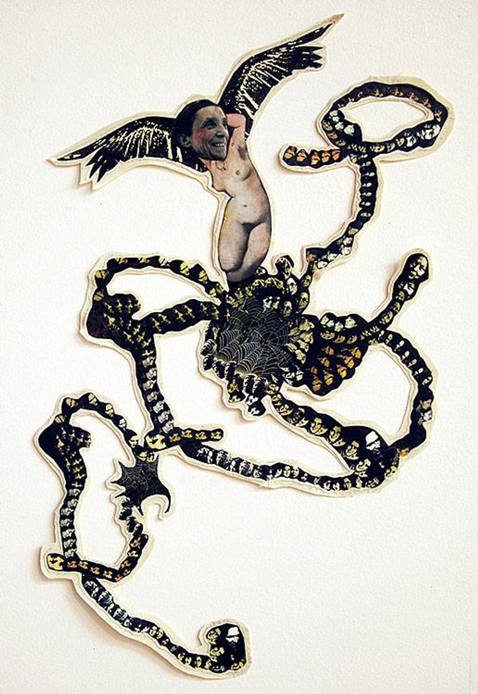 Mary Beth Edelson, Cameo collage of Louis Bourgeois, no date. Mixed media collage mounted in fabric. Courtesy of the artist