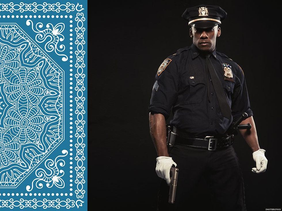 Medium blue on left = cop. Medium blue on right = looking to get cuffed.