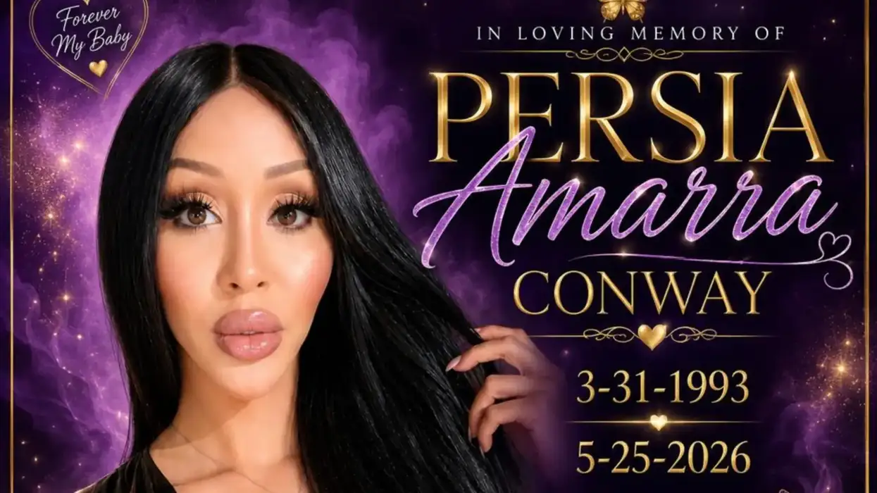 Memorial graphic for Persia Amarra Conway featuring a portrait of the 33-year-old transgender woman against a purple celestial background. The image includes the text “In Loving Memory of Persia Amarra Conway” and her birth and death dates