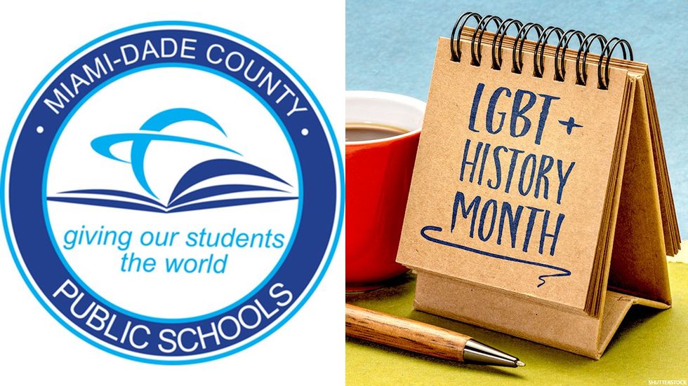 Miami-Dade public schools sign plus calendar that reads "LGBT+ history month"
