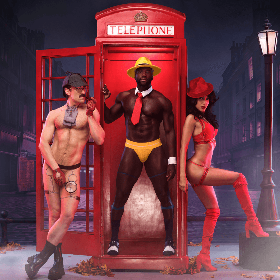 Michal Kolaczkowski as Sherlock Holmes, Carthan Brailsford as Dick Tracy, and Alice Reyes as Carmen Sandiego pose together in front of a red London phone booth on a moody night street.