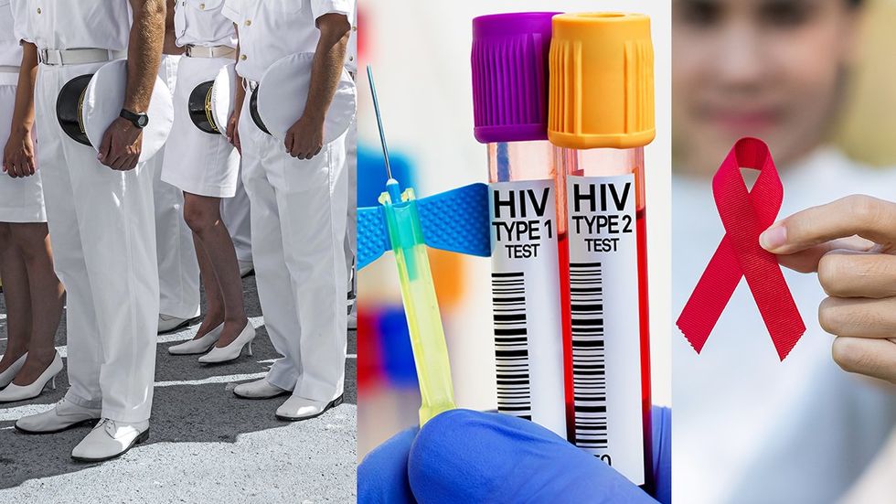 military members Navy midshipman Air Force cadet denied promotions HIV status positive lawsuit Blood samples laboratory test Hand holding Red Ribbon supporting World Aids Day