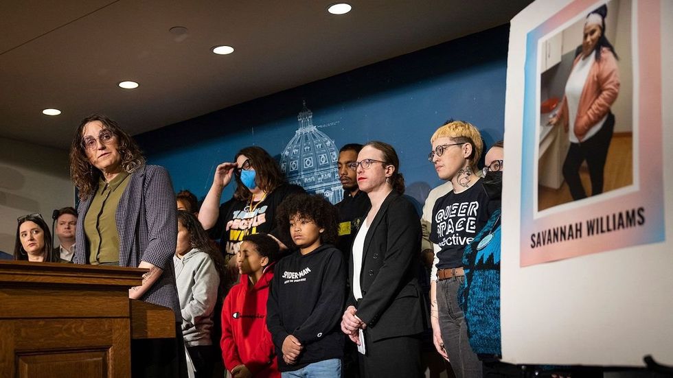 Minnesota state Rep. Leigh Finke and members of the legislature's Queer Caucus hold a press conference at the State Capitol on December 7, 2023, about the killing of Savannah Williams.