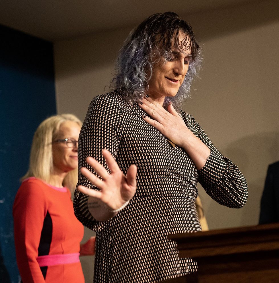Minnesota State Representative Leigh Finke pauses while speaking about the Trans Refuge Bill