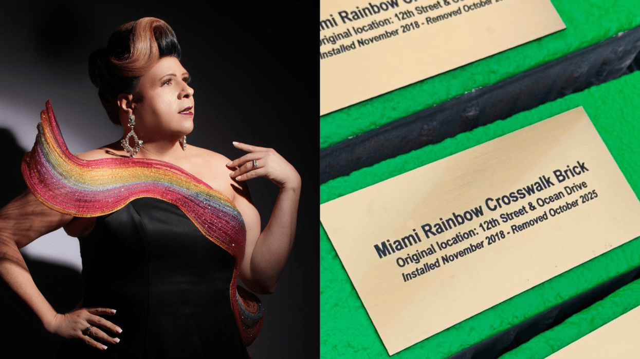 Miss Bouvèé poses in a black gown with rainbow detailing beside commemorative bricks from Miami Beach's removed rainbow crosswalk.