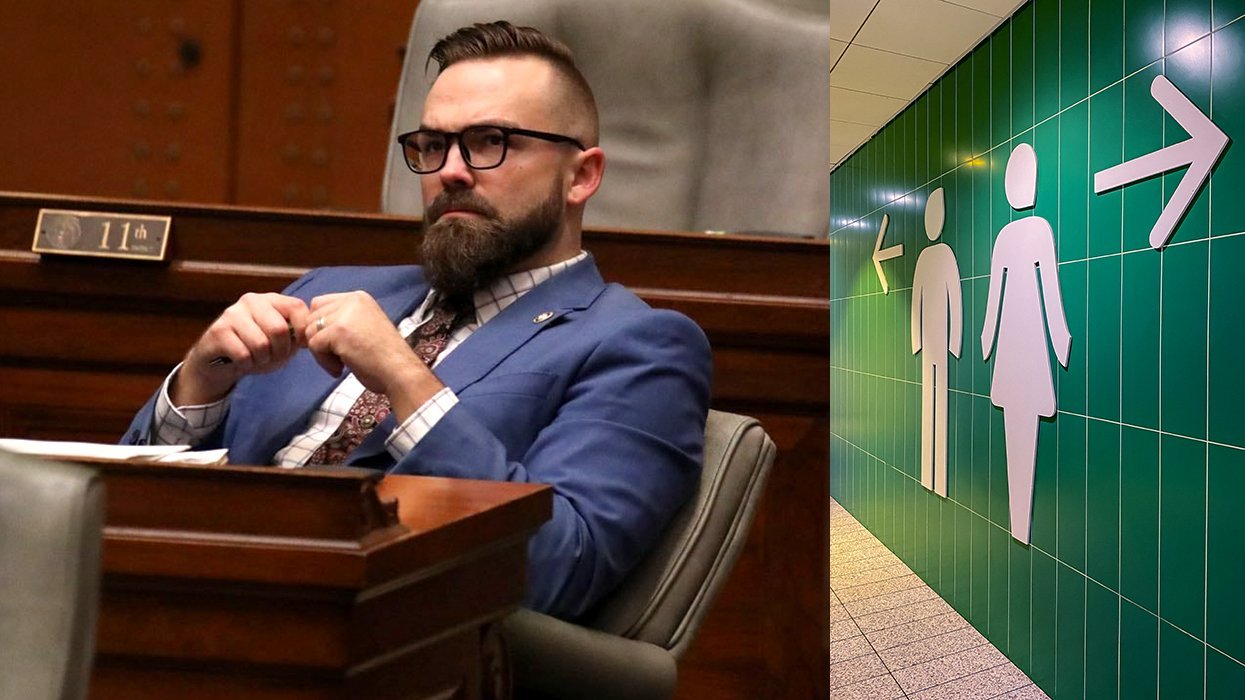 Missouri Republican State Senator Nick Schroer Public Bathroom Sign Arrows Men Women