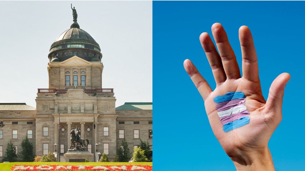 Montana state capitol and hand with transgender pride flag