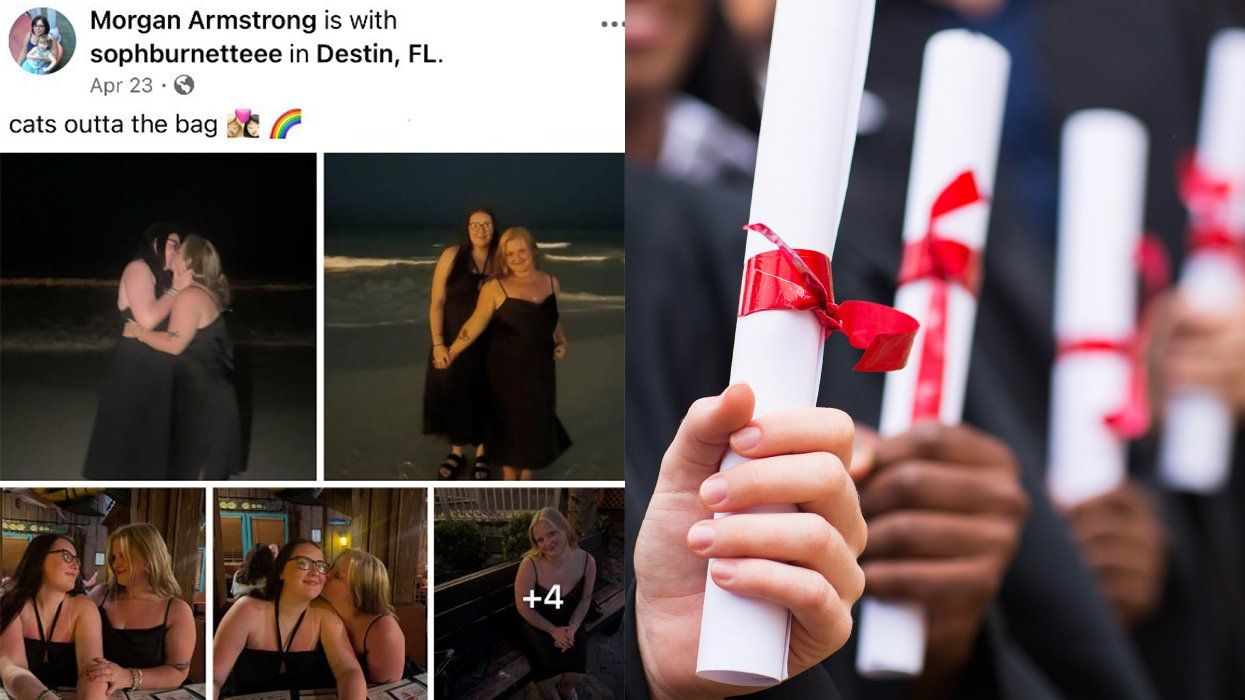 Morgan Armstrong social media post announcing girlfriend alongside graduation diplomas in red ribbon