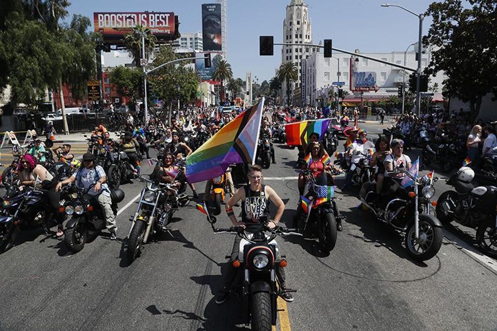 Motorcyclists along Hollywood Blvd at the 2022 LA Pride Parade on June 12, 2022
