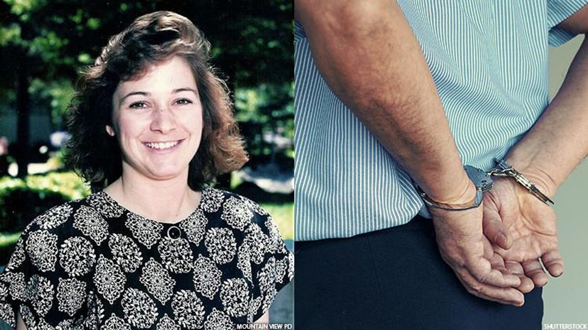 Murdered computer engineer Laurie Houts next to a man’s hands in handcuffs.