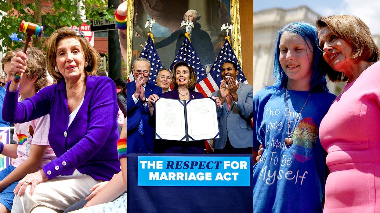 Nancy Pelosi San Francisco LGBTQ Pride Parade signing Respect for Marriage act hugging transgender child