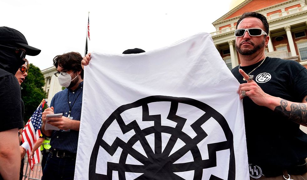 Nationalist Social Club NSC-131 demonstrators during a pro-police and Trump rally outside the State House in Boston, Massachusetts