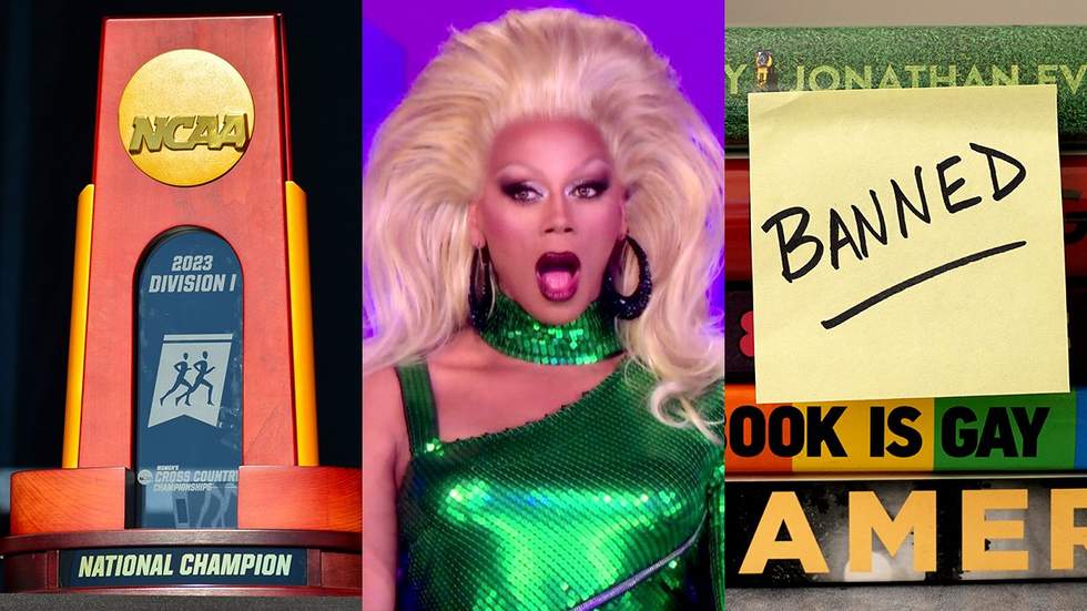 NCAA Cross Country trophy RuPaul drag race host books stacked with a sticky note says banned