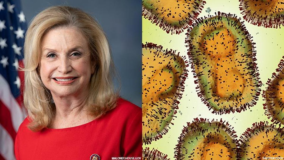New York Democratic Rep. Carolyn Maloney and a rendering of the monkeypox MPV virus.