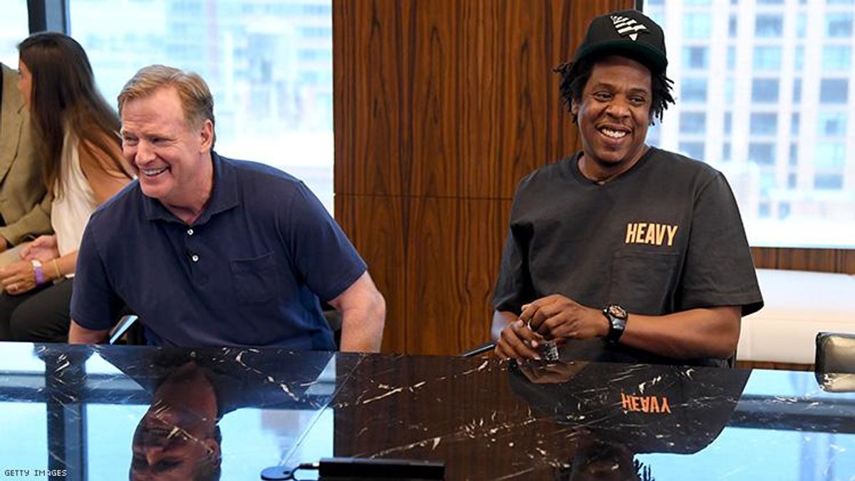  NFL Commissioner Roger Goodell and Jay Z at the Roc Nation and NFL Partnership Announcement at Roc Nation on August 14, 2019 in New York City. 