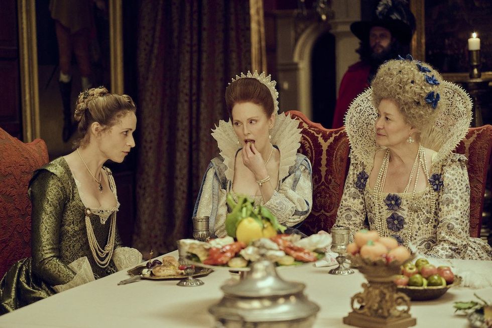 NIamh Algar as Sandie, Julianne Moore as Mary, and Trine Dyrholm as Queen Anne  of Denmark in Mary & George 