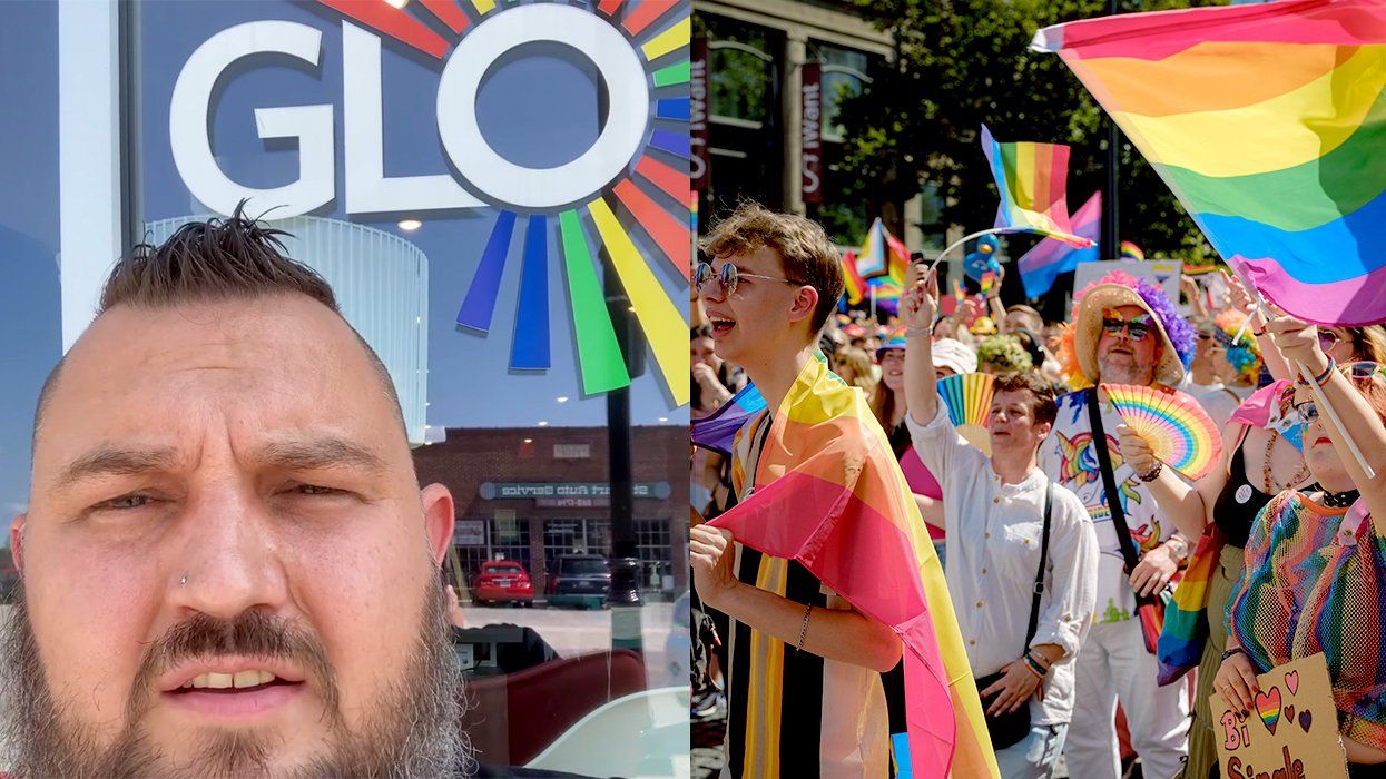 Nick Clinton Elliott from the GLO center Springfield Missouri and people in rainbow attire with flags march in LGBTQIA pride parade