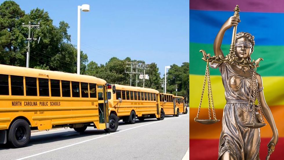 north carolina school bus line lgbtq rainbow flag scales of justice blind statue