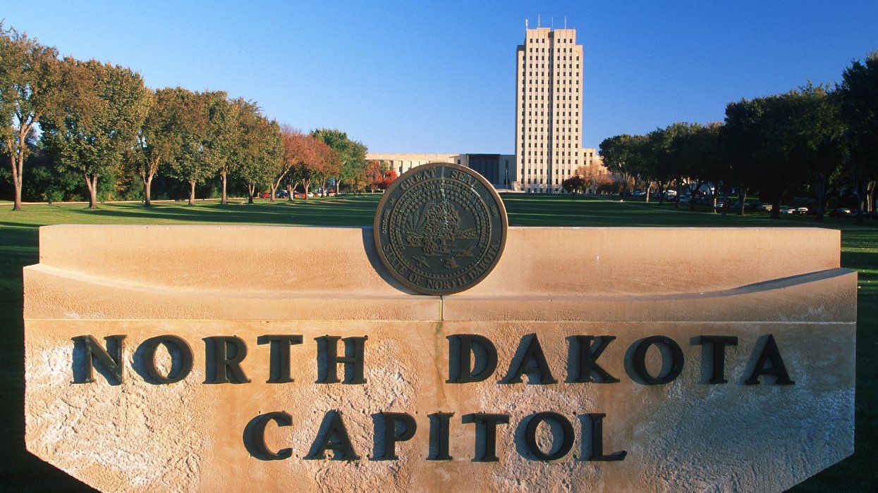 North Dakota capitol building and sign
