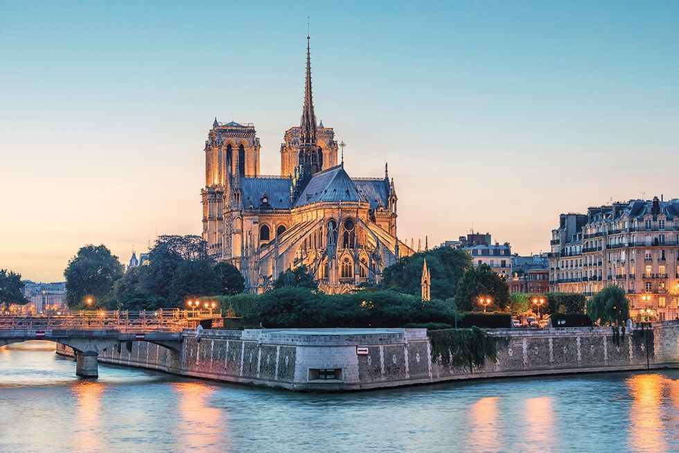 Notre Dame Cathedral at sunset in Paris, France
