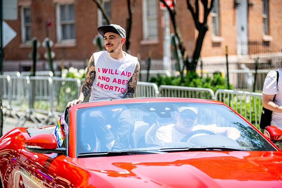 NYC Pride Grand Marshall and ACLU Deputy Director for Transgender Justice, Chase Strangio, rides in the New York City Pride March on June 26, 2022