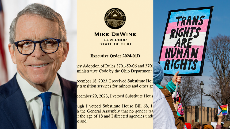 Ohio Governor Mike DeWine Executive Order 2024 01D Ban Gender Affirming Care Trans Rights Human Rights Protest Rally Sign