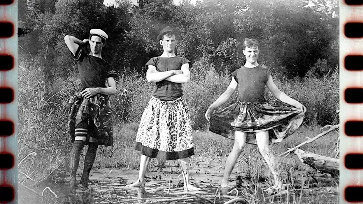 OPED everything drag is new again pictured Three crossdressing men show off their finest skirts circa 1905
