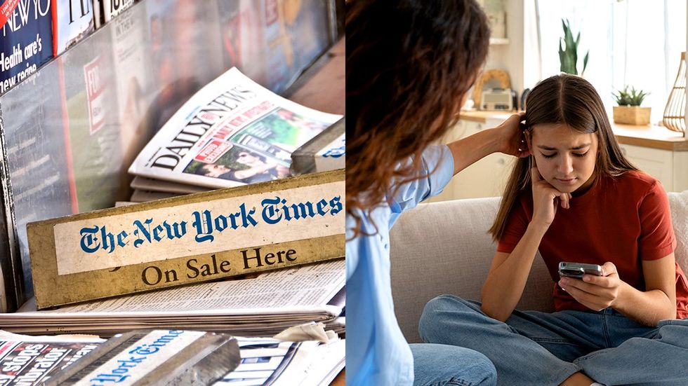 OPED New York Times Newspaper For Sale Sign Local City Newsstand Good Parent Soothing Worried Transgender Nonbinary Child Reading Misinformation Online Cell Phone