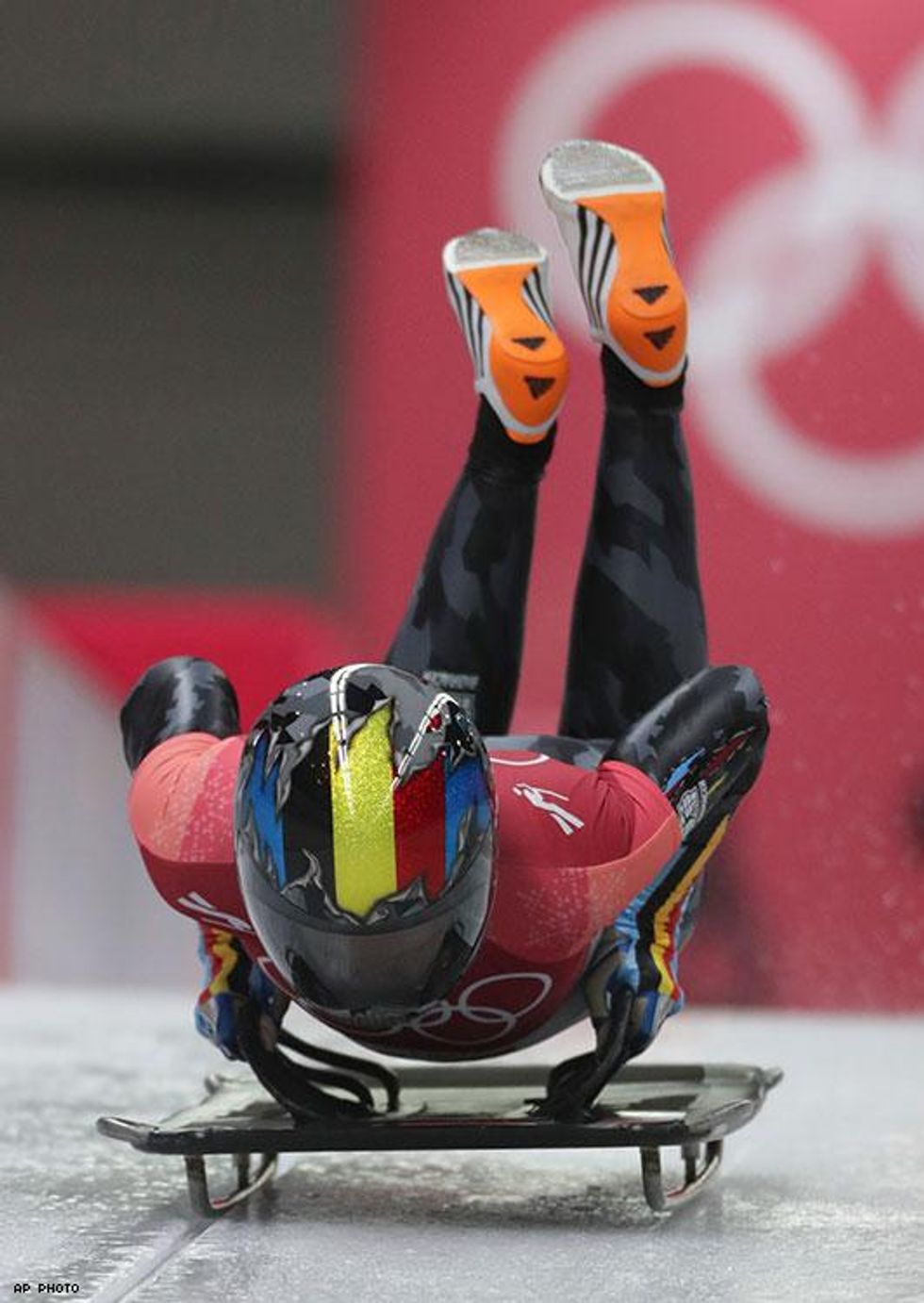 Out Olympian Kim Meylemans of Belgium starts her first run during the women's skeleton competition