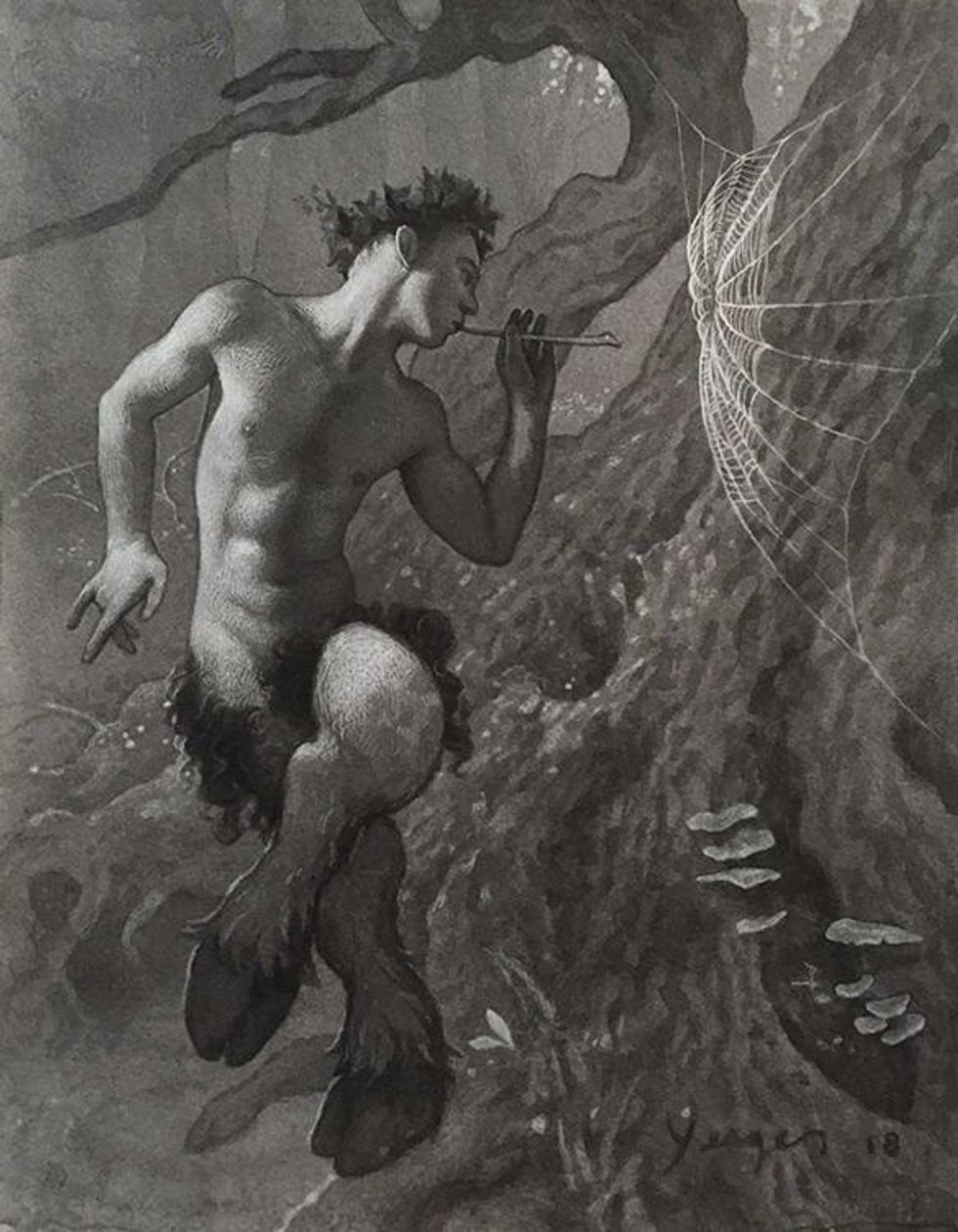 'Pan's Spider Seranade' featuring Dennis Budesheim 11"x14" Ink and charcoal 2018