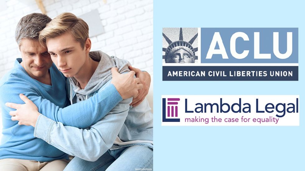 Parent and child; Lambda Legal and ACLU logos