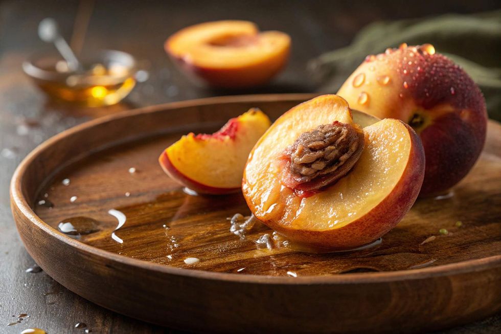 Peaches on a wooden plate.