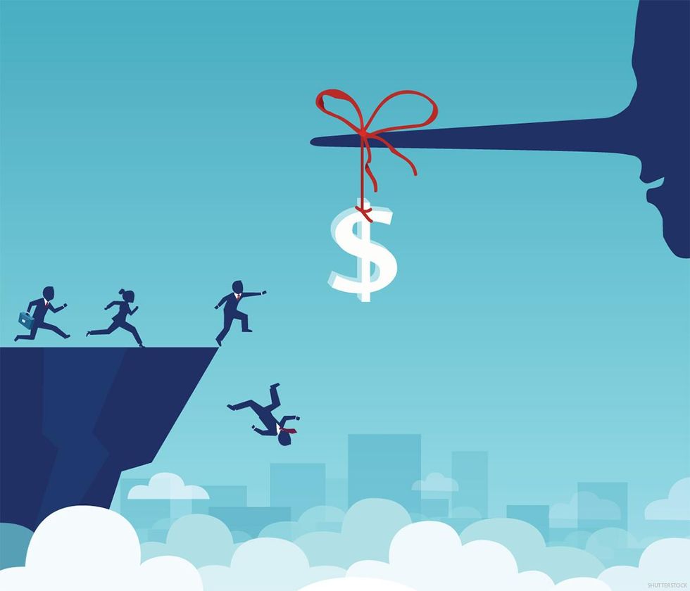 People jumping off a cliff in a graphic, suspended from a Pinoccio-type nose is a dollar sign that people cannot reach.