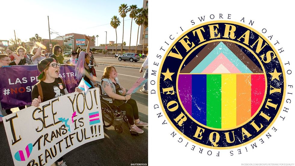 People marching on Transgender Day of Visibility and Veterans for Equality’s logo.