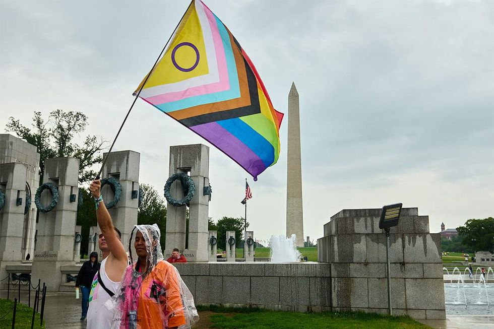 People rally and march in the 2025 WorldPride DC celebration of LGBTQ rights in Washington D.C., USA, on Sunday, June 8, 2025