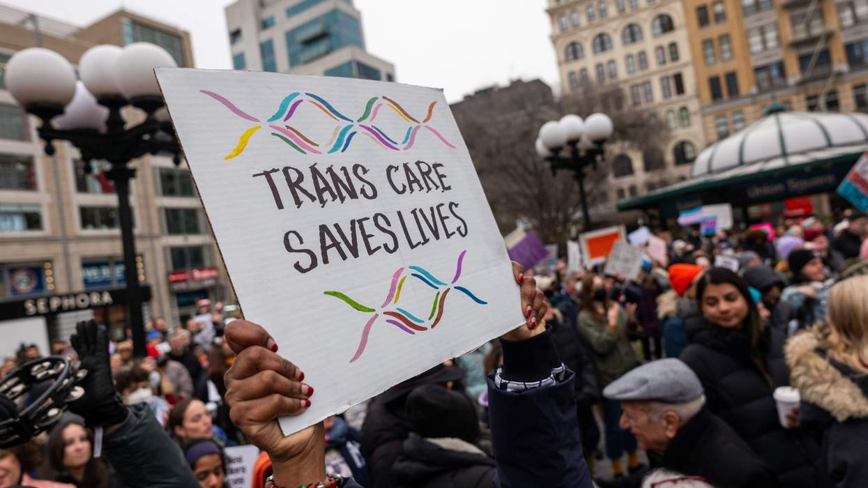 People rally in New York City's Union Square on Feb. 8, 2025 to support transgender youth and gender-affirming care.